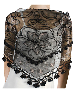 Hand Embroidered Lily Flower Beaded Metallic Threads Hand Knitted Lace Triangle Scarf