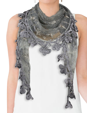 Hand Embroidered Lily Flower Beaded Metallic Threads Hand Knitted Lace Triangle Scarf