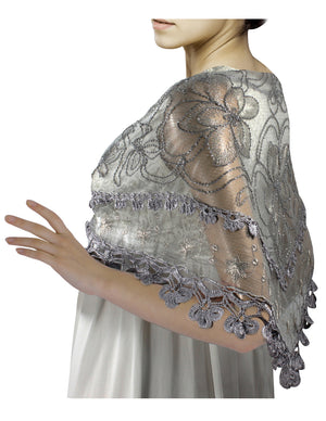 Hand Embroidered Lily Flower Beaded Metallic Threads Hand Knitted Lace Triangle Scarf