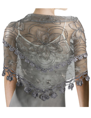 Hand Embroidered Lily Flower Beaded Metallic Threads Hand Knitted Lace Triangle Scarf