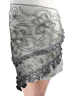 Hand Embroidered Lily Flower Beaded Metallic Threads Hand Knitted Lace Triangle Scarf