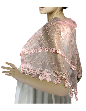 Hand Embroidered Lily Flower Beaded Metallic Threads Hand Knitted Lace Triangle Scarf