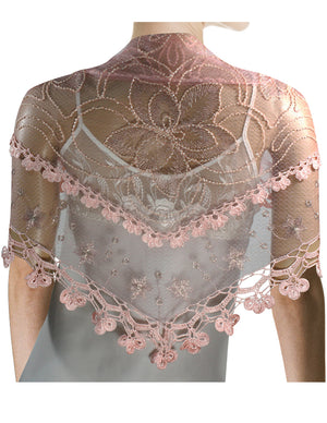 Hand Embroidered Lily Flower Beaded Metallic Threads Hand Knitted Lace Triangle Scarf