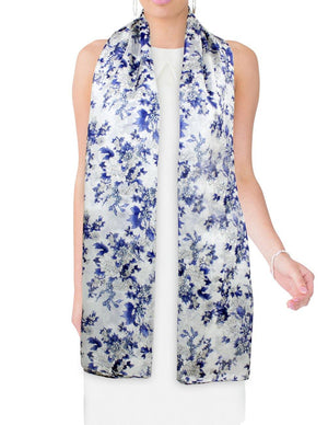 [product type] | Blue White Floral Print Lightweight Sheer Long Silk Scarf - White | Dahlia
