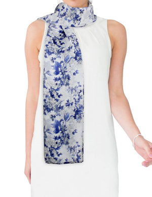 [product type] | Blue White Floral Print Lightweight Sheer Long Silk Scarf - White | Dahlia
