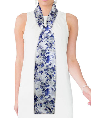[product type] | Blue White Floral Print Lightweight Sheer Long Silk Scarf - White | Dahlia