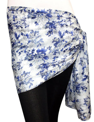 [product type] | Blue White Floral Print Lightweight Sheer Long Silk Scarf - White | Dahlia