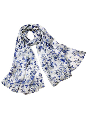 [product type] | Blue White Floral Print Lightweight Sheer Long Silk Scarf - White | Dahlia