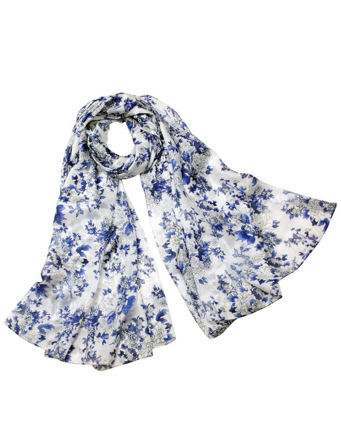 Blue White Floral Print Lightweight Sheer Long Silk Scarf - White