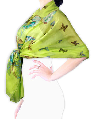 [product type] | Enchanting Butterfly 100% Sheer Long Silk Scarf - Green | Dahlia