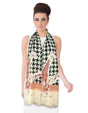 100% Wool Scarfs Wraps and Shawls Houndtooth with Giraffe - Dahlia