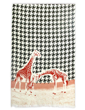 100% Wool Scarfs Wraps and Shawls Houndtooth with Giraffe - Dahlia