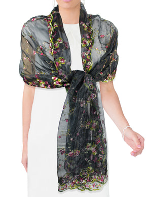 Exquisite Vine Blossom Embroidery Chiffon Evening Scarf Shawl