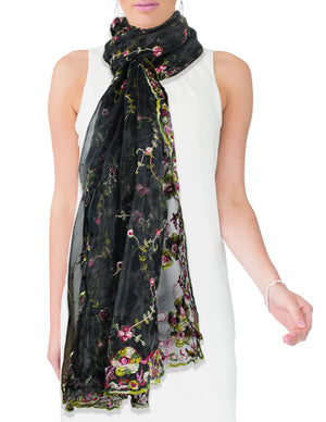 Exquisite Vine Blossom Embroidery Chiffon Evening Scarf Shawl