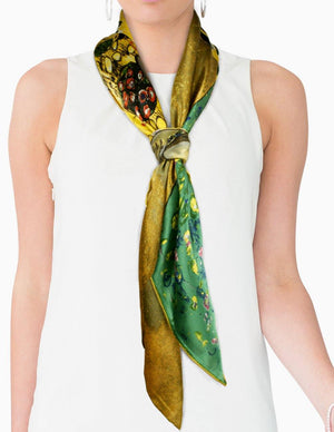 [product type] | 100% Luxury Square Silk Scarf - Gustav Klimt's Artwork | Dahlia