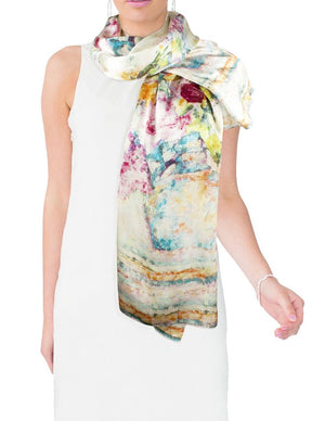 [product type] | 100% Luxury Long Silk Scarf Shawl - Watercolor Painting | Dahlia