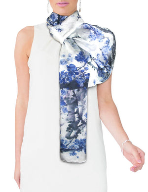 [product type] | 100% Luxury Long Silk Scarf Shawl - Watercolor Painting | Dahlia