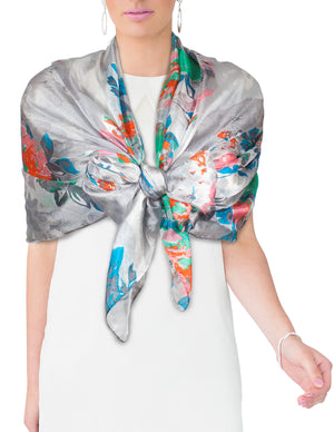 [product type] | Dahlia Women's Long Sheer Silk Scarf - Abstract Rose Abstract Rose - Gray | Dahlia