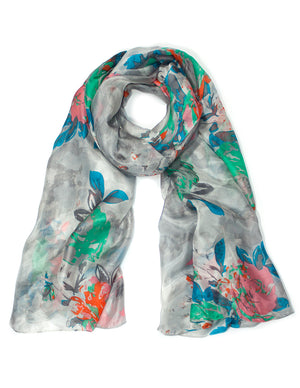 [product type] | Dahlia Women's Long Sheer Silk Scarf - Abstract Rose Abstract Rose - Gray | Dahlia