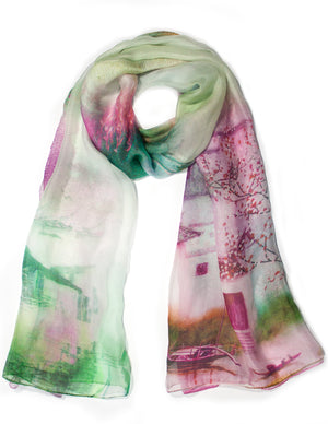 [product type] | Dahlia Women's 100% Long Sheer Silk Scarf - Colorful Flower Design | Dahlia