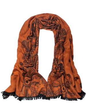 Rayon Scarf Shawl Floral Orange Flowers Brown