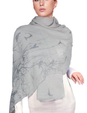 100% Wool Scarfs Wraps and Shawls Flying Birds in Tree - Dahlia