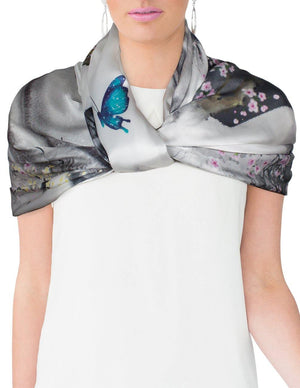 [product type] | 100% Luxury Long Silk Scarf Shawl - Watercolor Painting | Dahlia