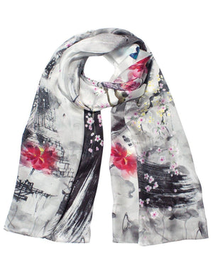 [product type] | 100% Luxury Long Silk Scarf Shawl - Watercolor Painting | Dahlia