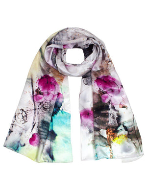 [product type] | 100% Luxury Long Silk Scarf Shawl - Watercolor Painting | Dahlia