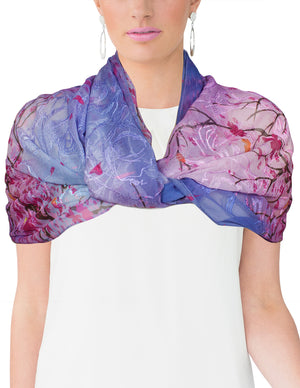 Dahlia Women's 100% Long Sheer Silk Scarf - Embroidered Flower Blossom - Purple