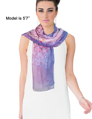 Dahlia Women's 100% Long Sheer Silk Scarf - Embroidered Flower Blossom - Purple