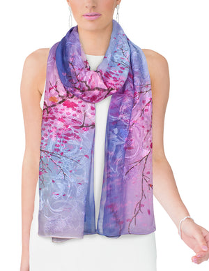 Dahlia Women's 100% Long Sheer Silk Scarf - Embroidered Flower Blossom - Purple