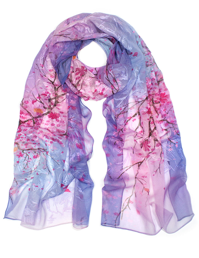 Dahlia Women's 100% Long Sheer Silk Scarf - Embroidered Flower Blossom - Purple