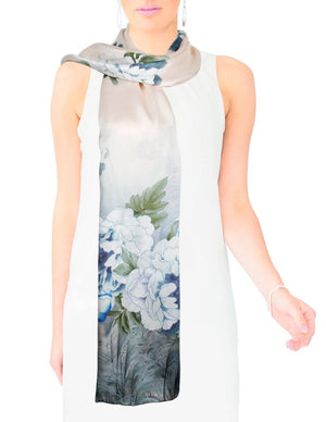 100% Luxury Long Silk Scarf - Peony Flowers Painting - Dahlia