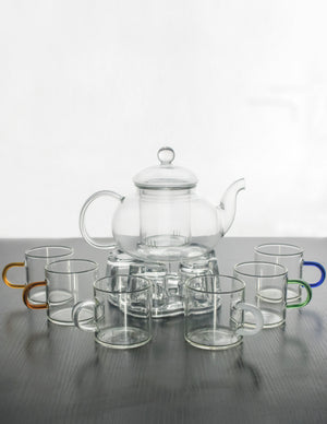 [product type] | Dahlia Borosilicate Glass Tea Gift Set (Teapot w Infuser + 6 Colored Glass Handle Teacups) | Dahlia