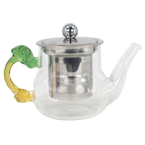 [product type] | Dahlia Borosilicate Glass Tea Gift Set (Dragon Colored Glass Handle Teapot w. Infuser + 2 Teacups) | Dahlia