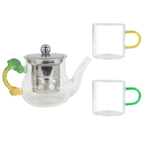 [product type] | Dahlia Borosilicate Glass Tea Gift Set (Dragon Colored Glass Handle Teapot w. Infuser + 2 Teacups) | Dahlia