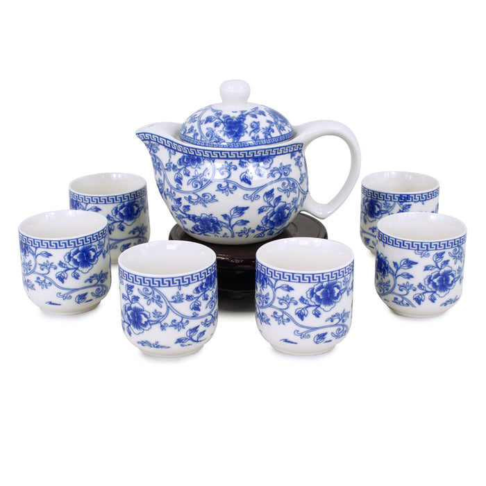 Porcelain Vine Flower Tea Set ( Teapot w. Strainer + 6 Tea Cups)