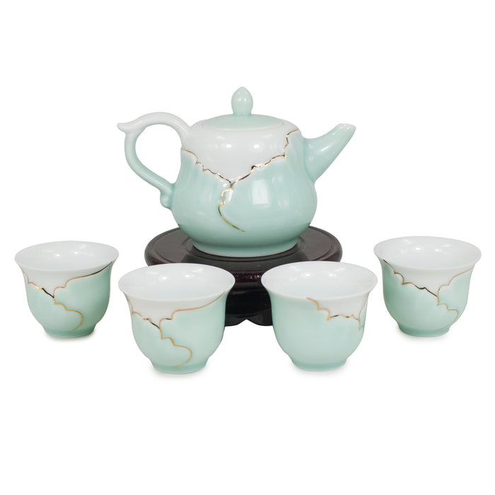Dahlia Hand Crafted Porcelain Tea Set with Gold Trim ( Teapot. Strainer + 4 Tea Cups) in Gift Box