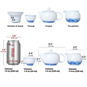 [product type] | Dahlia Blue and White Wave High Grade Ivory White Porcelain 9-pcs Gongfu Tea Gift Set in Gift Box | Dahlia