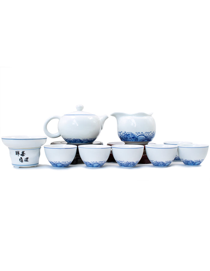 Dahlia Blue and White Wave High Grade Ivory White Porcelain 9-pcs Gongfu Tea Gift Set in Gift Box