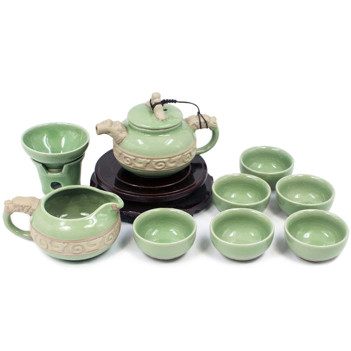 Dahlia Dragon Ice Crack Celadon Porcelain 9-pcs Gongfu Tea Gift Set in Gift Box