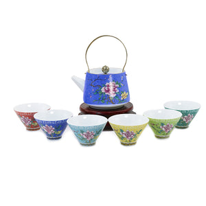 [product type] | Dahlia Chinese Peony Porcelain Tea Set (Teapot w Strainer + 6 Tea Cups) | Dahlia
