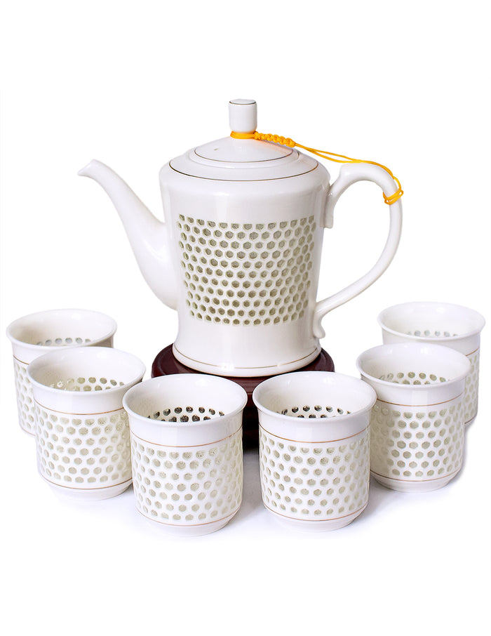 Dahlia Rice Grain Porcelain Tea Set (Teapot + 6 Teacups) In Gift Box, Ling Long Devil's Work