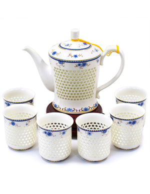 [product type] | Dahlia Rice Grain Porcelain Tea Set (Teapot + 6 Teacups) In Gift Box, Ling Long Devil's Work | Dahlia