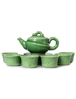 [product type] | Carved Bamboo Celadon Porcelain Tea Set (1 Teapot + 6 Tea Cups) | Dahlia