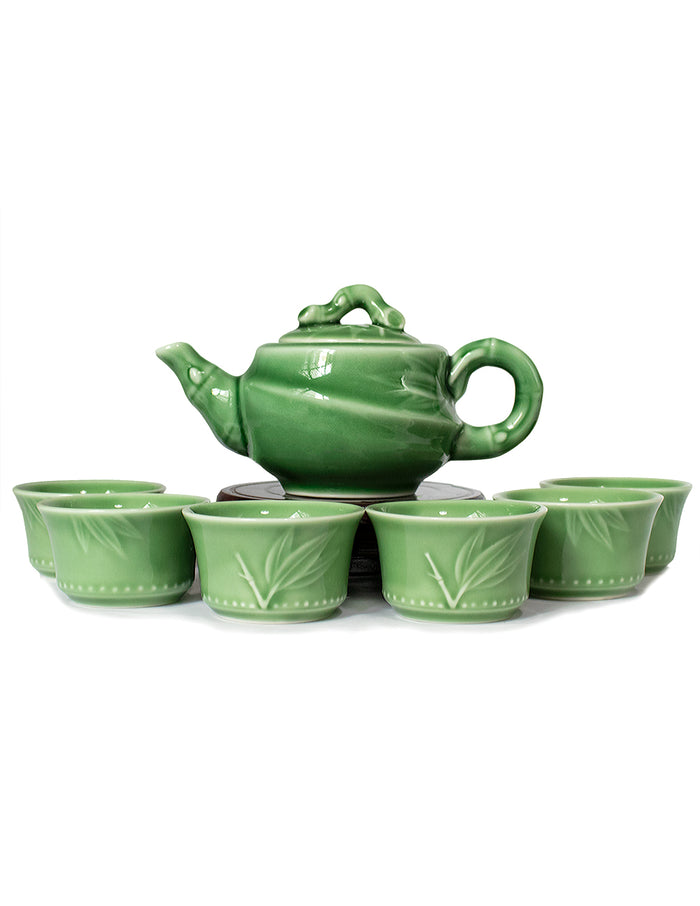 Carved Bamboo Celadon Porcelain Tea Set (1 Teapot + 6 Tea Cups)