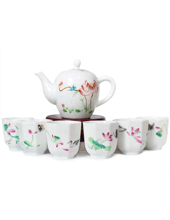Lotus Flower Porcelain Kungfu Tea Set (1 Teapot + 6 Tea Cups)