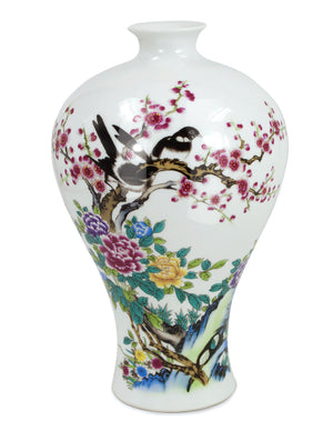 [product type] | Oriental Blue and White, Famille Rose Porcelain Flower Vase, 9 inch Vase | Dahlia