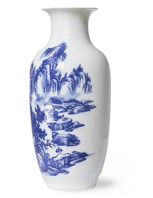 [product type] | Chinese Landscape Painting Blue and White Porcelain Flower Vase | Dahlia
